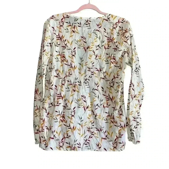 Eddie Bauer Leaf Print Peasant Blouse Fall Foliage Keyhole Cotton Size Medium - Picture 2 of 3